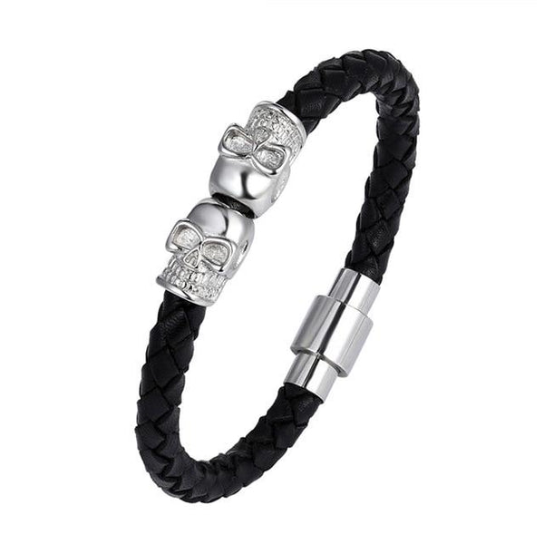 Twin Skull Leather Bracelet