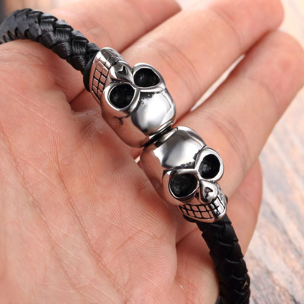 Twin Skull Leather Bracelet