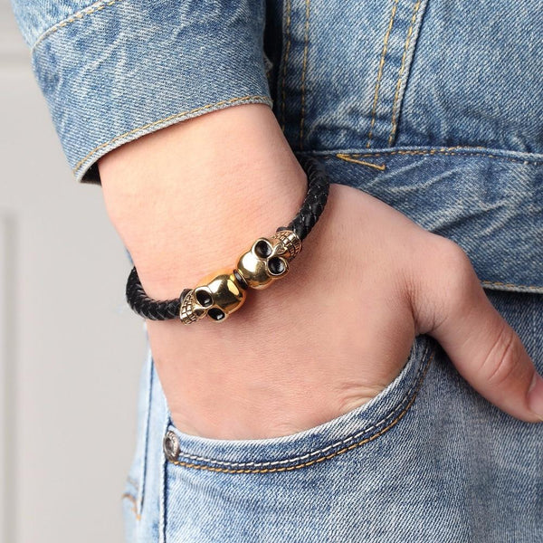 Twin Skull Leather Bracelet