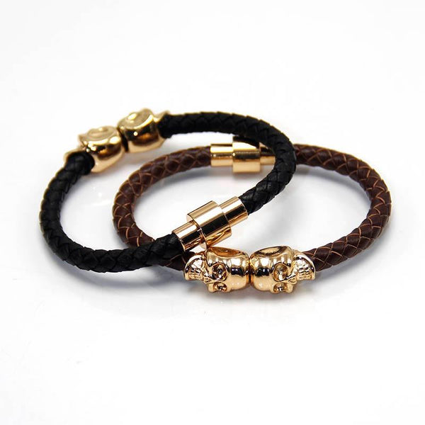 Twin Skull Leather Bracelet