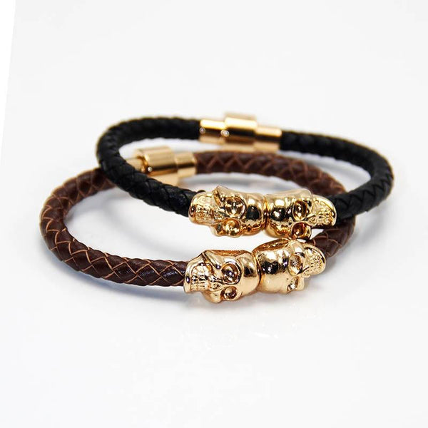Twin Skull Leather Bracelet